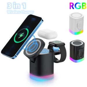 Magnetic Wireless Fast Charger For Smart Phone RGB Ambient Light Charging Station For Airpods IWatch